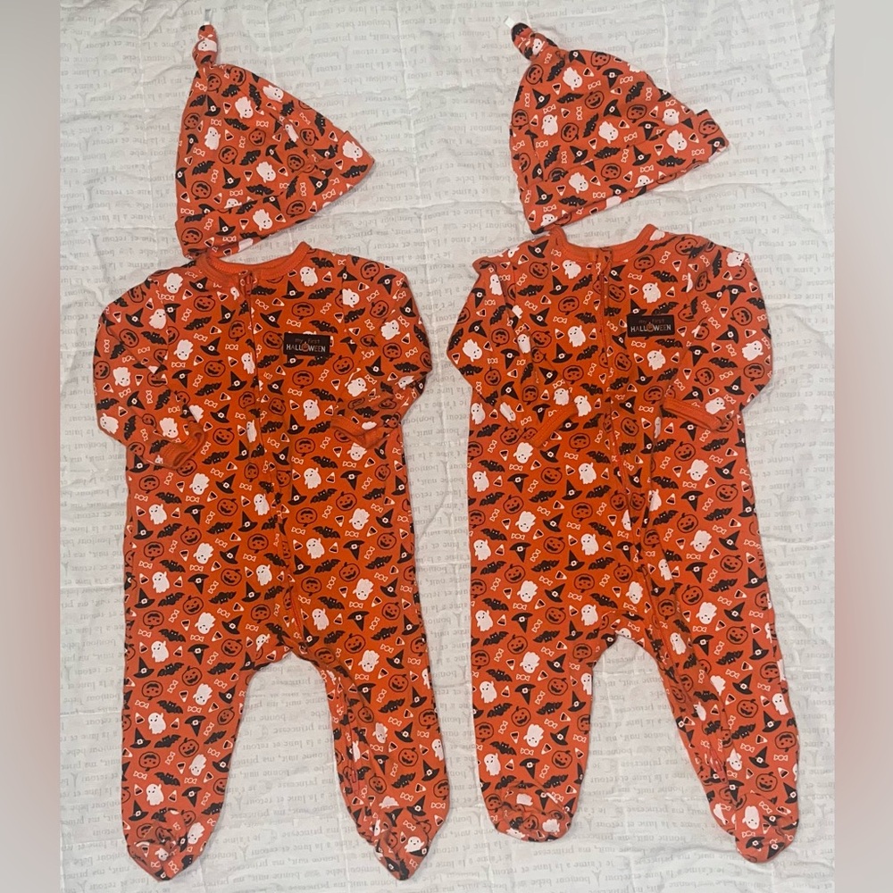 Little Me 6 month Matching Halloween Sleepers and Hats for Twins Like New!